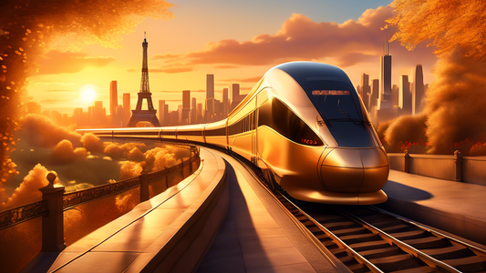 A luxurious high-speed train departing from the iconic Chicago skyline, traversing rolling hills and picturesque landscapes, before arriving at the stunning Eiffel Tower in Paris bathed in golden sunset light.