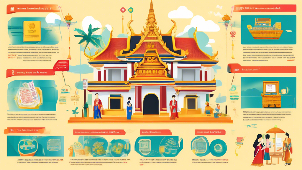 A detailed and user-friendly infographic illustrating the steps to open a bank account in Thailand, featuring vibrant Thai cultural elements like the traditional architecture of a Thai bank, a friendl