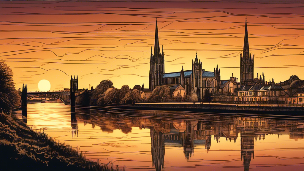 Draw an intricate image of Worcester Cathedral at sunset, with the reflection of its magnificent architecture shimmering on the River Severn.