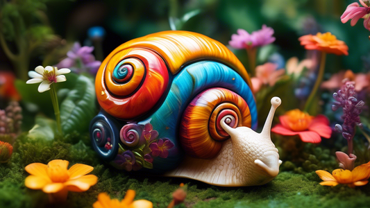 A whimsical, colorful snail shell transformed into a cozy and inviting tiny home, nestled amongst vibrant flowers and lush foliage.