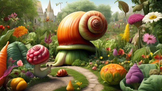 A whimsical garden with giant vegetables and flowers, with a happy snail exploring