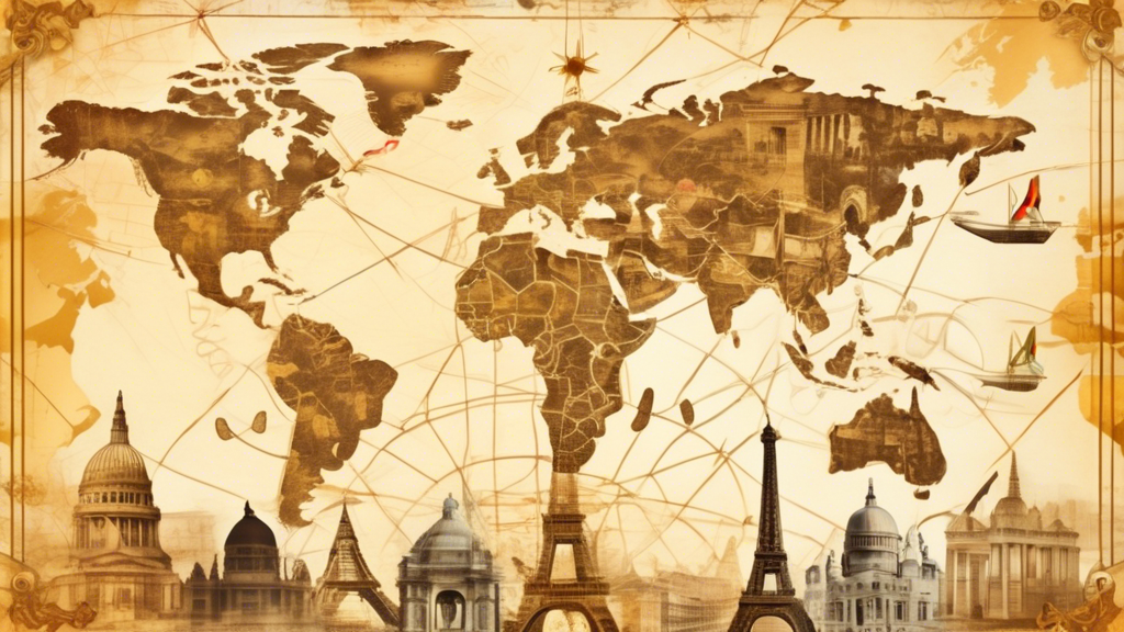 A collage of iconic landmarks and symbols from multiple countries, each connected by a golden heart-shaped trail on a vintage world map background.