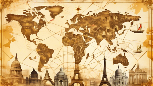 A collage of iconic landmarks and symbols from multiple countries, each connected by a golden heart-shaped trail on a vintage world map background.