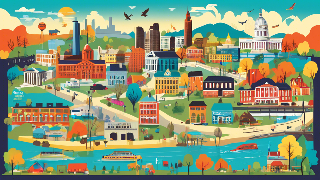 Colorful illustration of the top 12 cities in Kentucky highlighting their unique landmarks, attractions, and landscapes, with joyful residents and tourists exploring the vibrant scenes.