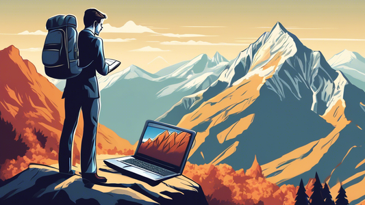 Detailed illustration of a businessperson with a backpack standing on top of a mountain, using a laptop with scenic views in the background.