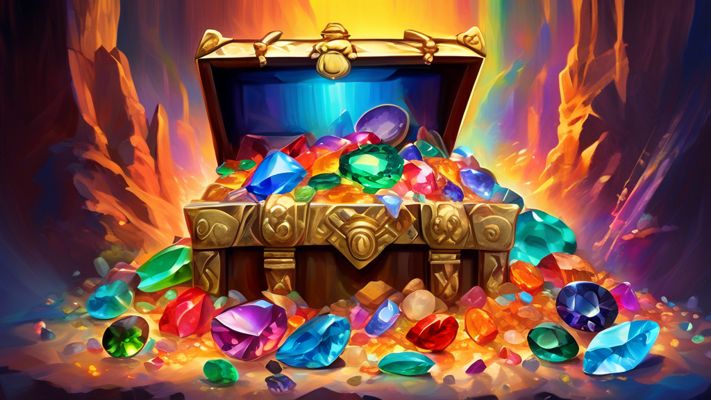 A pile of glowing, colorful gemstones overflowing from a treasure chest.