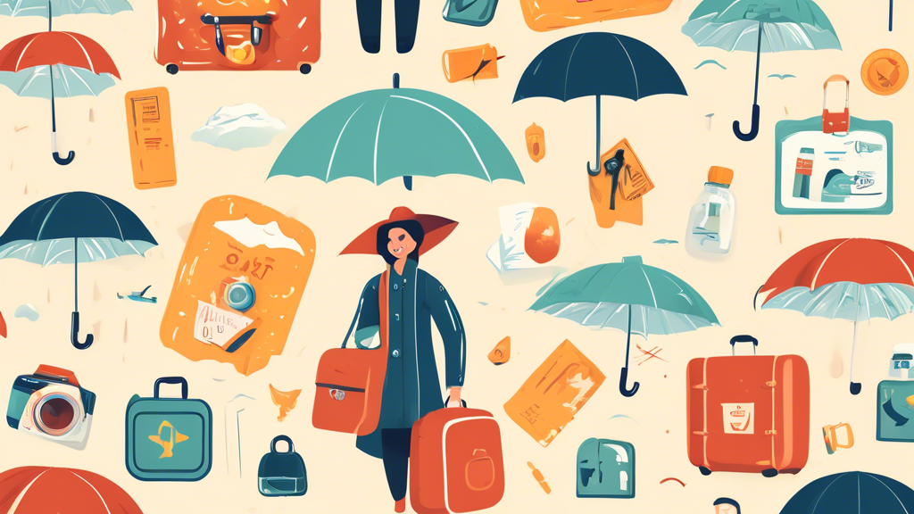 a smiling traveler surrounded by icons representing travel mishaps such as flight cancellation, lost luggage, and medical emergencies, holding a large, protective umbrella labeled 'Travel Insurance' over themselves