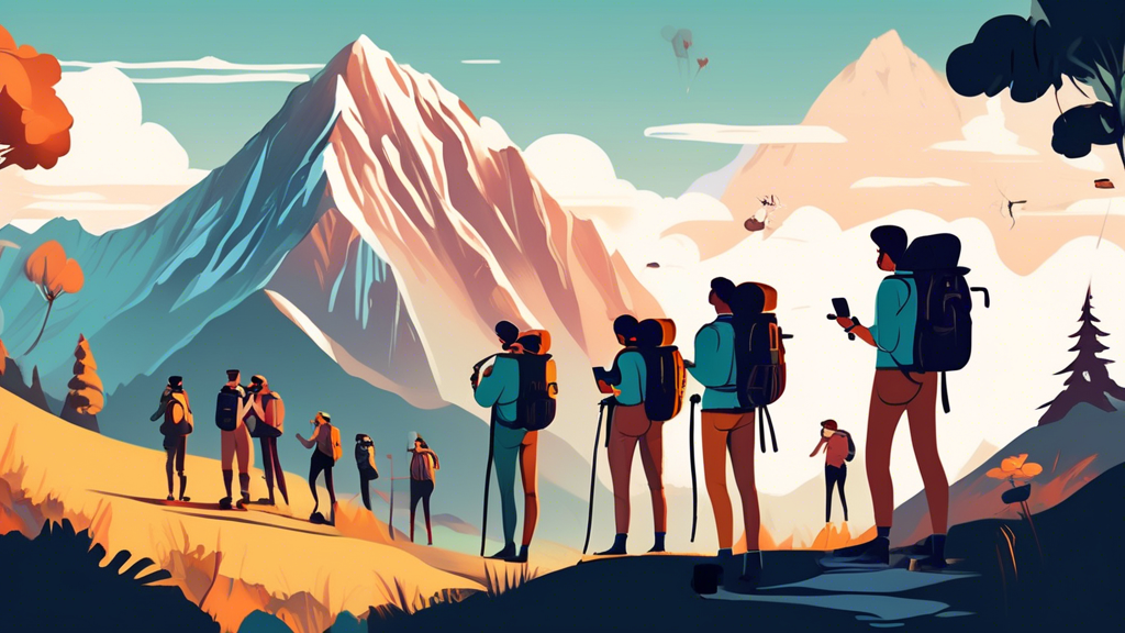 A group of excited friends with backpacks and cameras standing at the base of a picturesque hill station, ready to explore, with a checklist of activities floating above.
