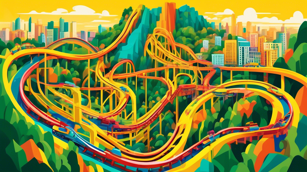 A brightly colored rollercoaster shaped like a map of Brazil, with the track going up and down