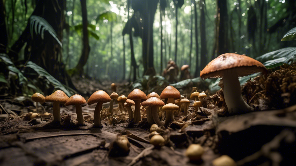 Create an image capturing a dense forest scene in Thailand, with a close-up view of various mushrooms, particularly focusing on some menacing and potentially toxic varieties. Ensure the background sub