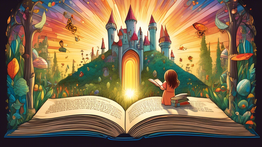 A whimsical illustration of a child opening a giant book, revealing a magical world with towering stacks of books forming castles and forests, friendly creatures peeking from behind the pages, and a p