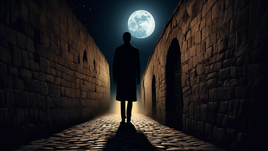 An eerie, atmospheric image of an elongated human shadow stretching over an ancient, cobblestone alleyway under the glow of a full moon.