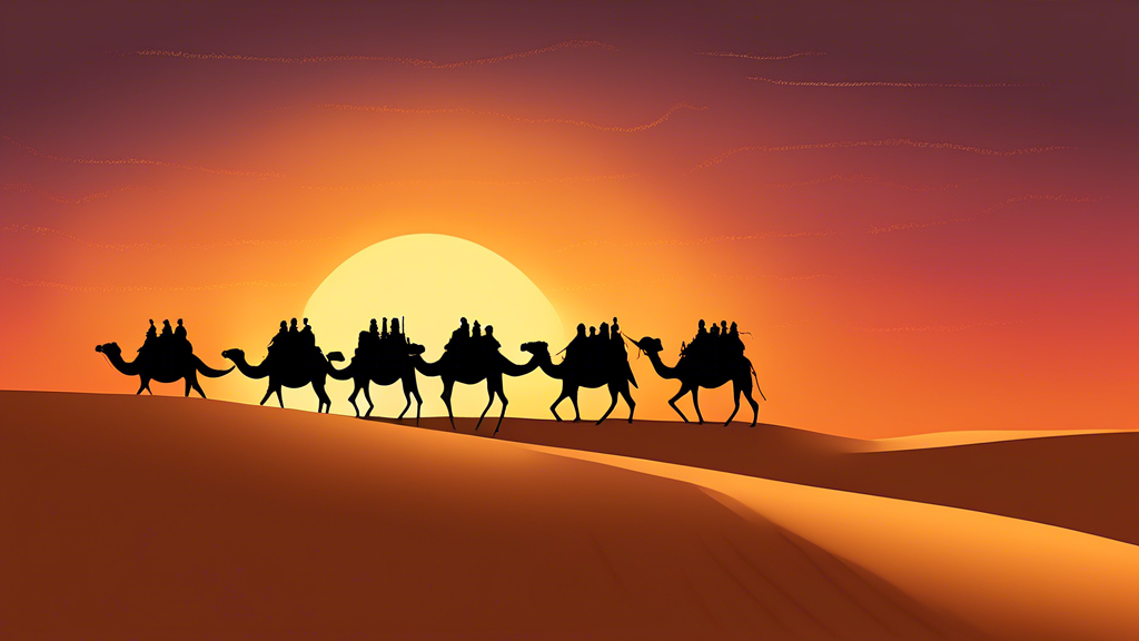 An enchanting sunset over the Erg Chebbi dunes with a camel caravan silhouette, capturing the adventurer's journey from Marrakech to Merzouga over 3 days