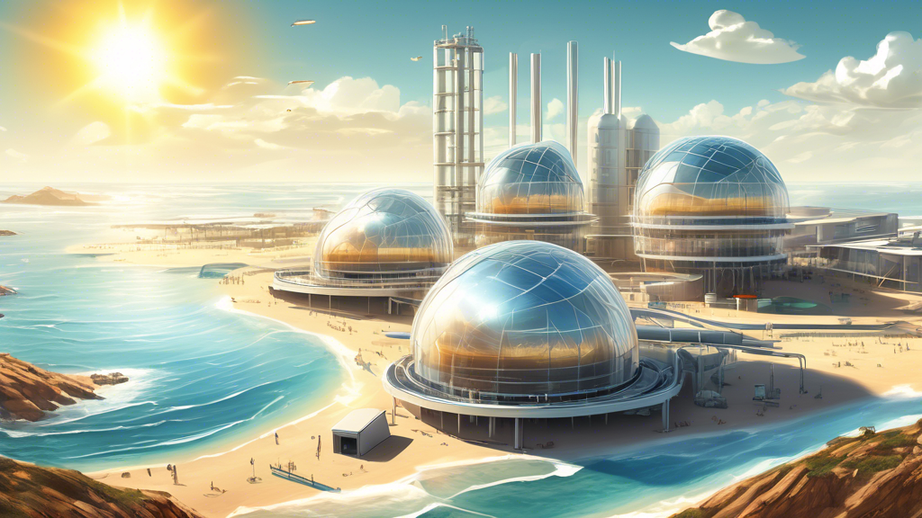 An advanced solar desalination plant on a sun-soaked coast, using large Fresnel lenses to focus sunlight, amidst a futuristic landscape.