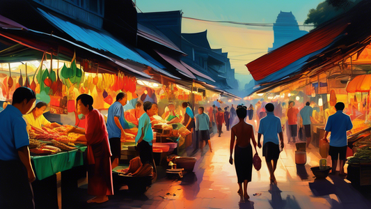 A vibrant yet shadowy scene of a bustling Thai market at dusk, with colorful stalls and busy tourists, but subtle, lurking shadows hinting at the complexities beneath the surface. Traditional Thai arc