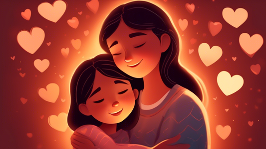 A heartwarming moment where a young girl is giving her parent a tight hug, both surrounded by soft, glowing hearts under a cozy, warm light.