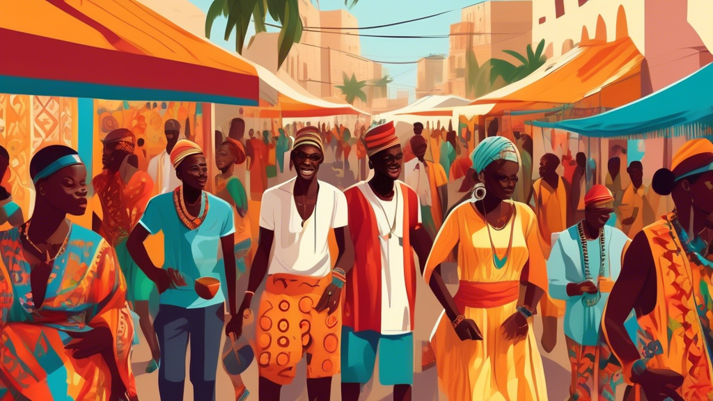 A vibrant digital illustration showing a diverse group of expats enjoying a colorful street festival in Dakar, Senegal, featuring traditional clothing, music, and food stalls.