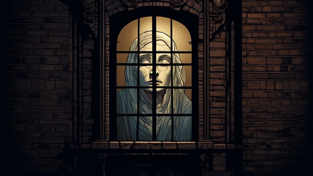 A mysterious, translucent face peering out from an ornate, antique window of an old brick courthouse under the moonlight.