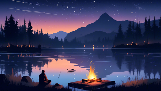 A serene lakeside campsite at twilight with a person sitting by a bonfire giving a fishing demonstration under the stars.