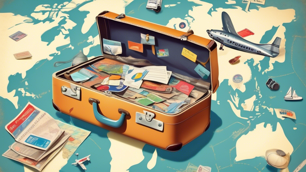 A vintage suitcase adorned with colorful travel stickers sitting atop a world map, surrounded by travel insurance policy documents, a broken camera, a miniature airplane with a tiny band-aid on it, and a storm cloud overhead with a silver lining.