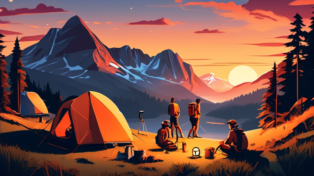 An idyllic camping scene at sunset with adventurers setting up high-tech tents and using innovative outdoor gear amidst a breathtaking mountain landscape, reflecting a perfect blend of nature and modern outdoor equipment.