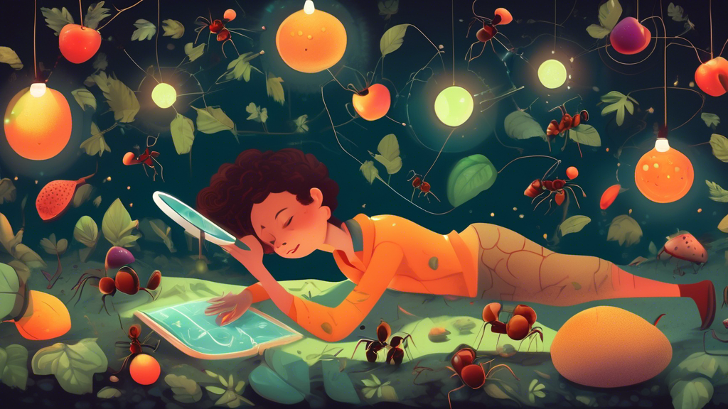 A whimsical illustration of a person lying on the ground with a magnifying glass, observing a line of ants carrying various fruits and leaves, surrounded by soft, glowing lights and symbols of physical and mental wellness floating gently around.