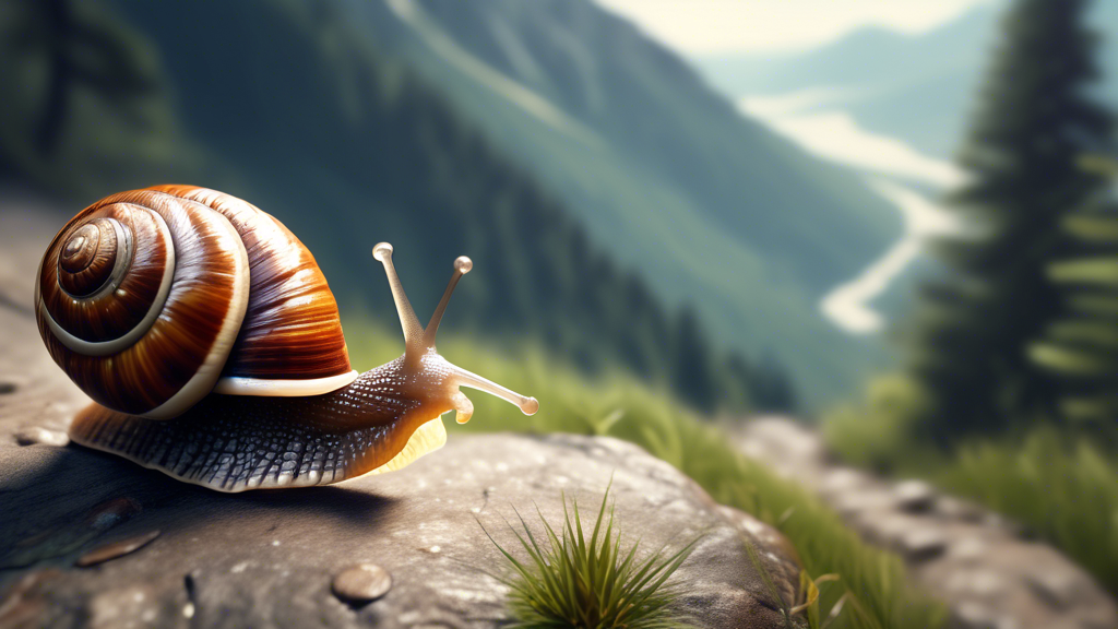 A snail with a backpack hiking up a mountain path
