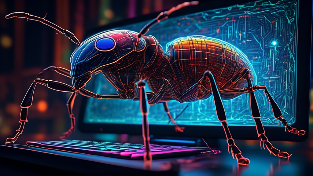 A colossal ant with glowing circuitry weaving through its exoskeleton, writing lines of code on a gigantic computer screen.