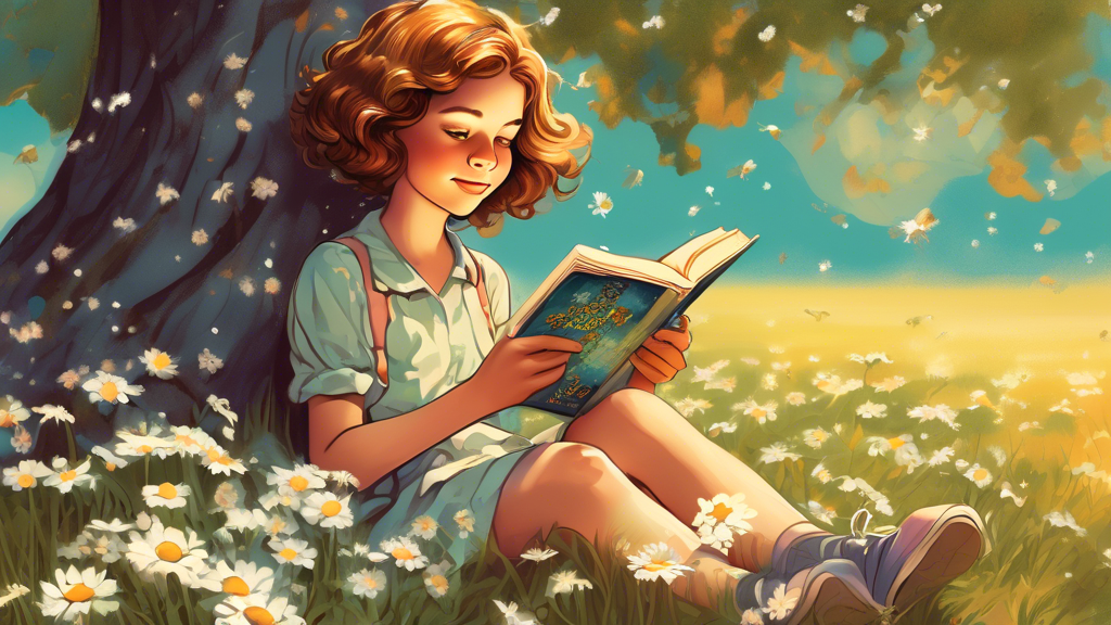 A nostalgic illustration of a young girl reading a well-worn Judy Blume book under a tree, with a dreamy expression and a scattering of daisies around her.