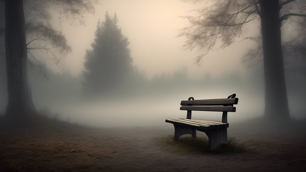 An old, empty wooden bench on a foggy evening with a worn-out hat left on it and a forest in the background representing a mysterious disappearance.