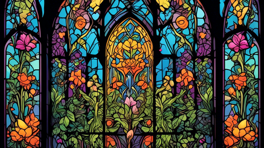 Colorful cartoon stained glass window featuring an elegant Gothic design, incorporating vibrant plants and flowers, with whimsical RatioGPT characters peeking through the foliage.