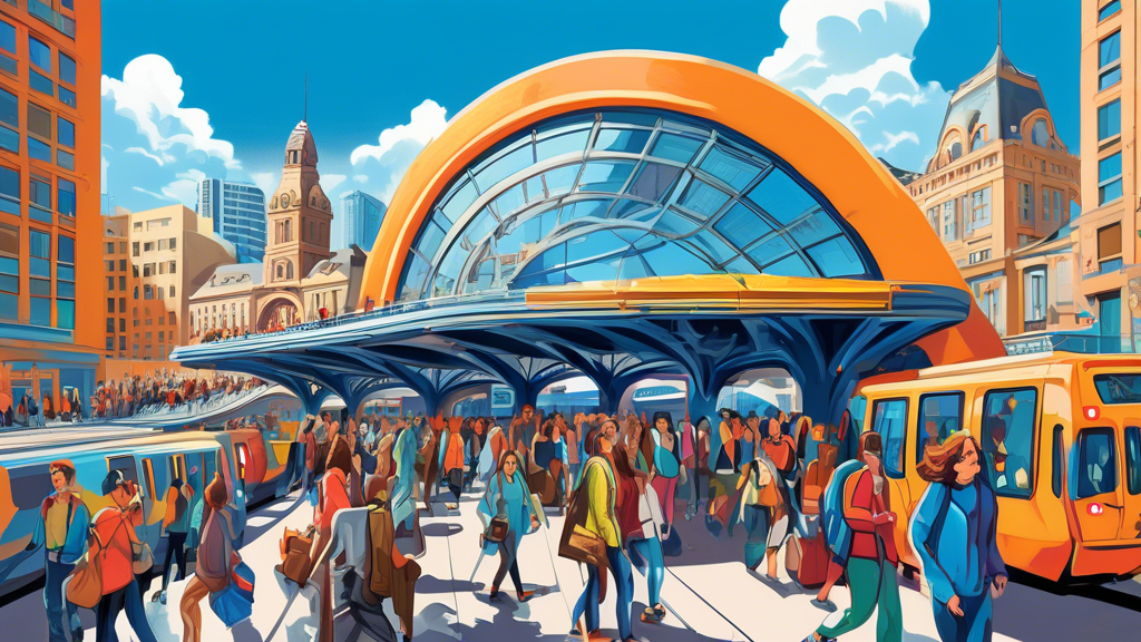 A vibrant, digital painting of a bustling Montreal Metro station with joyful travelers exploring the city, featuring iconic landmarks in the background under a clear blue sky.