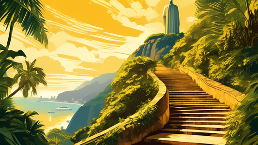 A winding stone staircase leading through lush tropical foliage to the towering Christ the Redeemer statue bathed in golden sunlight, Rio de Janeiro sprawling in the distance.