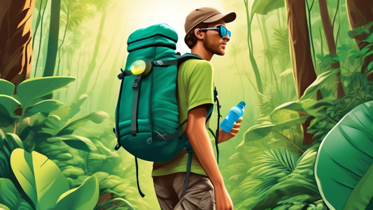 A photorealistic image of a backpacker hiking through a lush forest, with a solar panel attached to their backpack and a reusable water bottle in their hand.