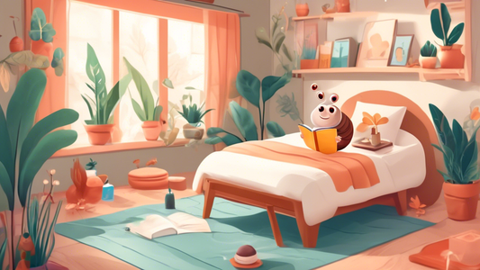 A cozy bedroom with snail-themed decorations, soft textures, and plants 🐌 🛏️ 🌿