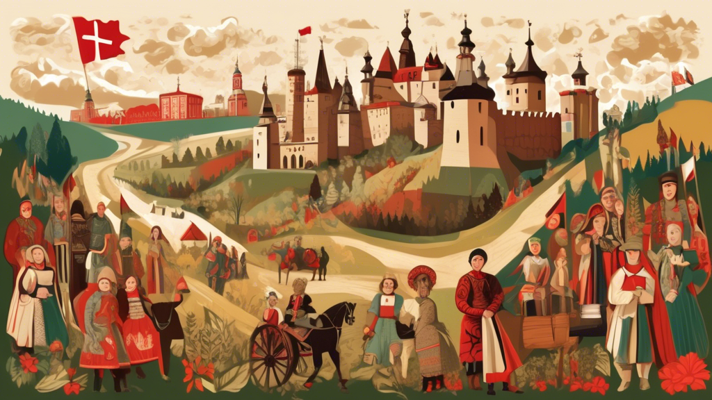 An artistic collage showcasing key moments in Belarusian history, including medieval castles, traditional folk celebrations, and important historical figures, set against a backdrop of rolling hills and dense forests of Belarus.