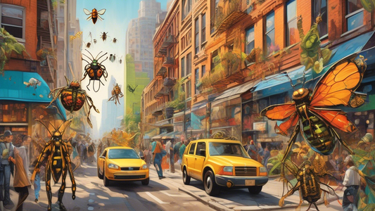 Depict a vibrant, bustling city street scene with a diverse array of oversized, detailed insects interacting with the environment and human elements, showcasing a harmonious blend of urban life and entomology.