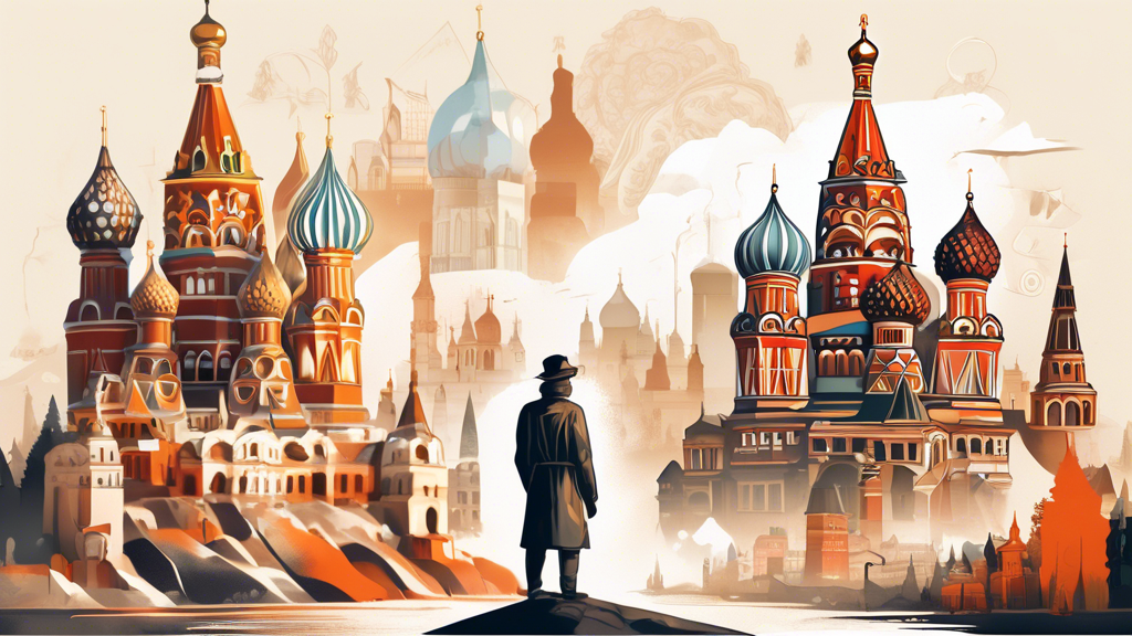 An artistic representation of a curious traveler standing in front of iconic Russian landmarks, surrounded by elements of Russian culture and natural beauty, embodying a sense of adventure and discovery.