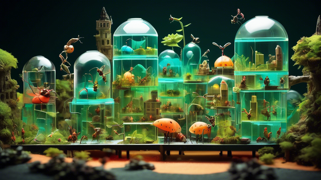 A vibrant compilation of imaginative and custom-designed ant farms, showcasing various themes such as futuristic cities, mythical landscapes, and miniature natural wonders.