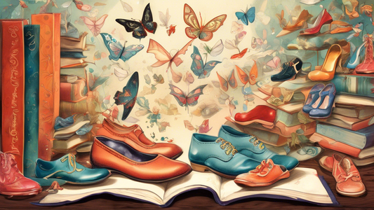 A whimsical array of various shoes, each with a unique design, floating against a magical book background, telling their own enchanting stories.