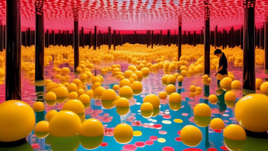 A panoramic view of a visitor wandering through Yayoi Kusama's 'Narcissus Garden' installation, featuring hundreds of reflective spheres floating on water, with Kusama-themed psychedelic colors and patterns subtly integrated into the landscape.