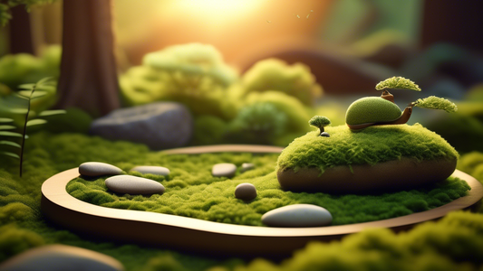 An illustration of a zen garden with a serene slug peacefully meditating on a tiny leaf-shaped mat, surrounded by miniature trees and soft, moss-covered stones under a calming sunset.