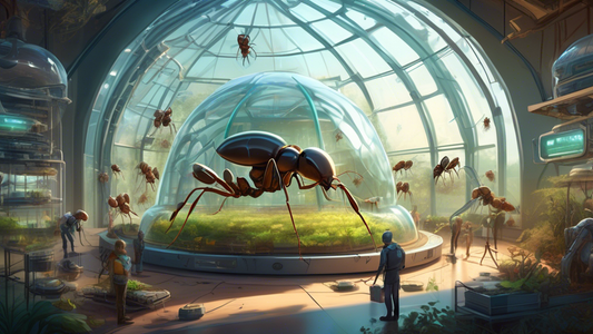 A detailed digital painting of a futuristic indoor ant farm, showcasing various sections for farming, research, and observation, with humans and robots working together in harmony, all under a giant glass dome illuminated by soft, artificial sunlight.