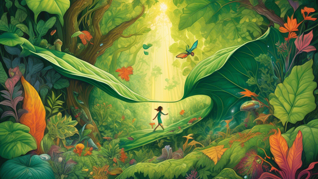 Detailed illustration of a person turning over a large, vibrant green leaf, unveiling a magical and colorful world underneath, with small creatures and fantastical plants, under a sunlight-dappled forest canopy.