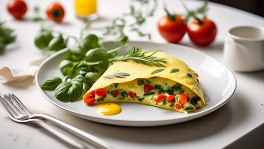 An appetizing Orkin omelette filled with fresh herbs and vegetables, plated elegantly on a white porcelain dish, with a fork and knife on the side, in a bright, modern kitchen setting.