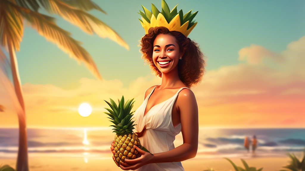 An elegant, smiling person in summer attire holding a pineapple with its crown prominently displayed in a tropical beach setting during sunset.