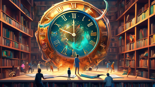 An imaginative digital artwork of a giant clock melting over an expansive library, with tiny humanoid figures pushing against the clock hands, trying to stop time while others browse large, vague book