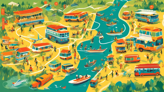 A vibrant, illustrated map showcasing the various travel routes from Da Lat to Hoi An, including buses, airplanes, and trains, under a bright sun.