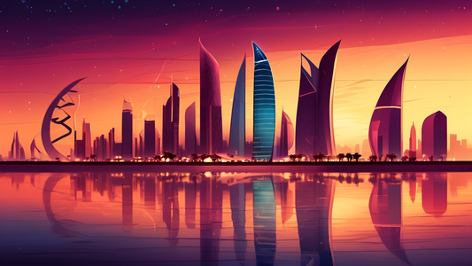 A futuristic skyline of Doha at sunset, showcasing a harmonious blend of iconic modern architecture and traditional Qatari elements, with the sparkling Arabian Gulf in the foreground.