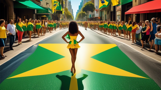 A vibrant Brazilian flag transforming into a Hollywood star on the Walk of Fame, with samba dancers and film reels in the background